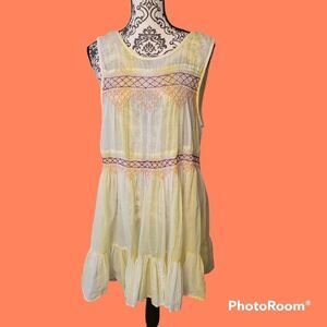 Intimately Free People Sheer Yellow Tie Dye Embroidered Tassel Tunic Dress L